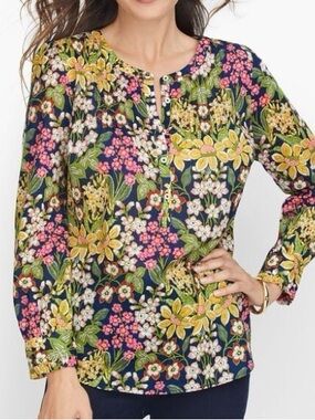 Talbots Floral Button Up Top 3X Ruffle Pleated Feminine Long Sleeve Cotton Boho